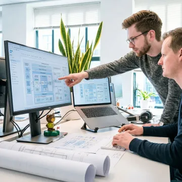 SAP ERP implementation team reviewing system architecture diagrams on dual monitors in a tech workspace