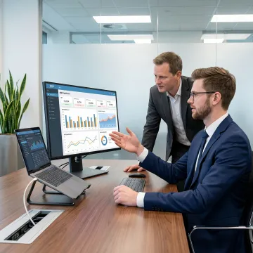 ERP implementation consultants collaborating around a digital dashboard in a modern office