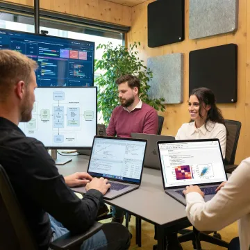 Data scientists collaborating on an AI model development pipeline