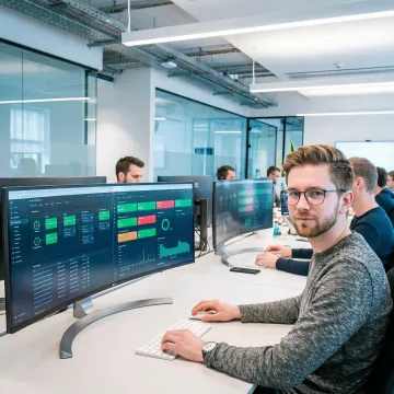 DevOps consultants collaborating on CI/CD pipeline automation in a modern tech office