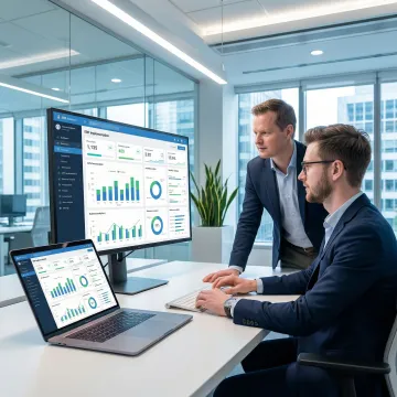 ERP consultants collaborating on system implementation at a modern enterprise office