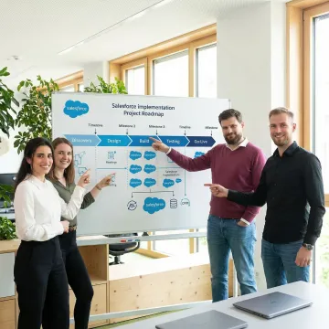 Salesforce implementation team reviewing a project roadmap on a whiteboard