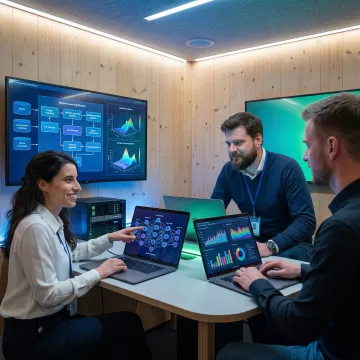 AI and machine learning development team analyzing custom model outputs on multiple screens