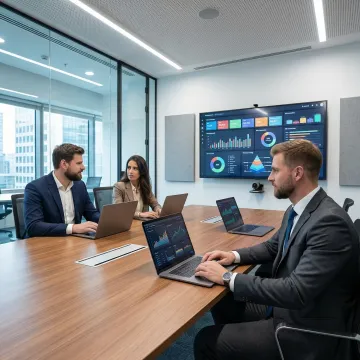 IT consulting team collaborating on a digital transformation roadmap with laptops and data dashboards