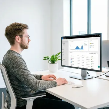 IT consultant configuring Microsoft 365 tools on a desktop computer in an office
