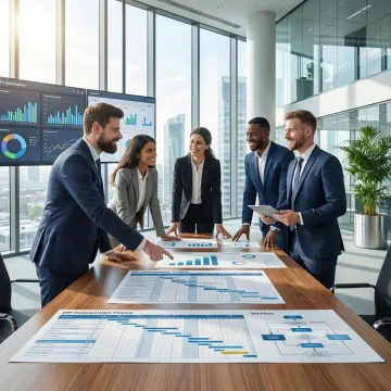 ERP implementation team collaborating on a structured project plan in a corporate boardroom