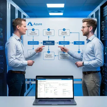 Cloud migration process flowchart displayed on a screen with engineers discussing Azure setup