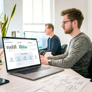 AI consultants reviewing data strategy dashboards