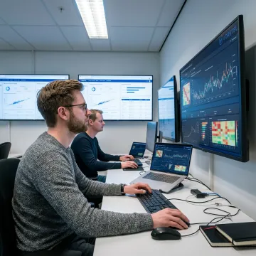 Data science consultants reviewing analytics dashboards