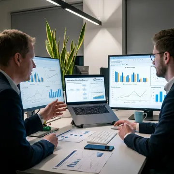 AI solutions team analyzing business data dashboards