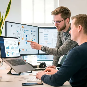 Technology consultants reviewing digital strategy dashboards