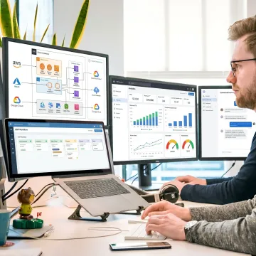 Technology consultants reviewing a digital strategy dashboard