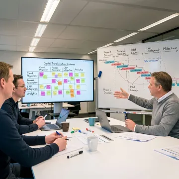Consulting team mapping a technology transformation process