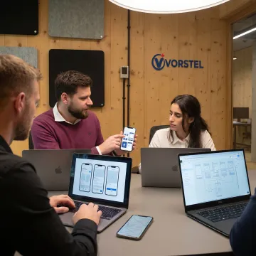 Custom mobile app development team reviewing app screens