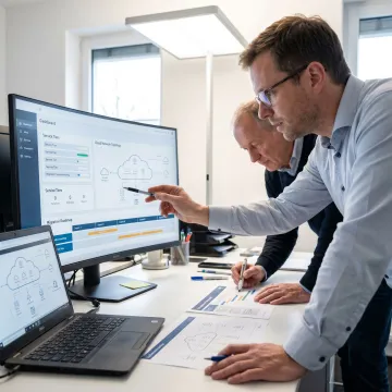 Digital consultants reviewing cloud solution dashboards