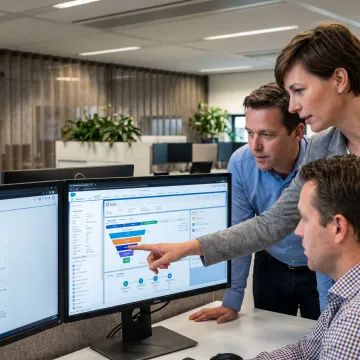 Salesforce consultant reviewing CRM dashboards with a business team
