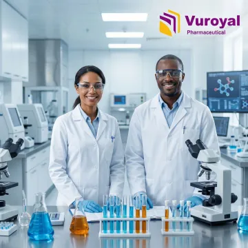 Pharmaceutical scientists conducting drug discovery and development research in a modern laboratory