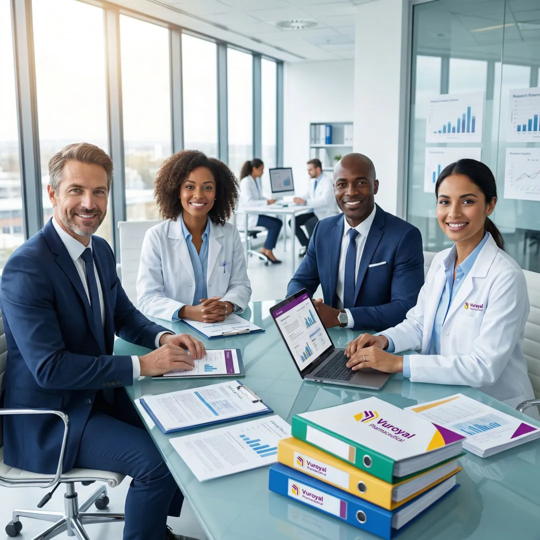 Pharmaceutical development team reviewing drug regulatory documents and clinical trial data