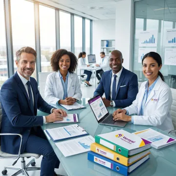 Pharmaceutical development team reviewing drug regulatory documents and clinical trial data