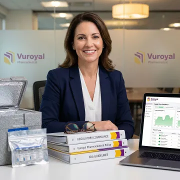 Pharmaceutical supply chain specialist reviewing compliance documentation for medical logistics