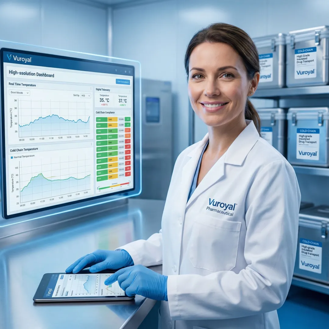 Pharmaceutical technician monitoring cold chain temperature data during drug transport