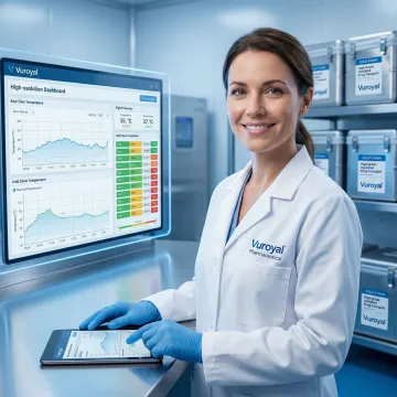 Pharmaceutical technician monitoring cold chain temperature data during drug transport