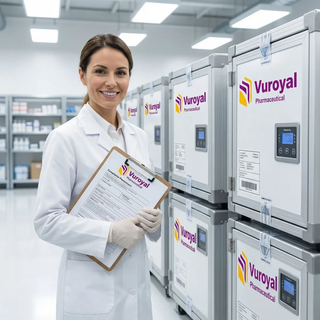 Pharmaceutical logistics specialist reviewing GMP compliance documentation alongside temperature-controlled shipment