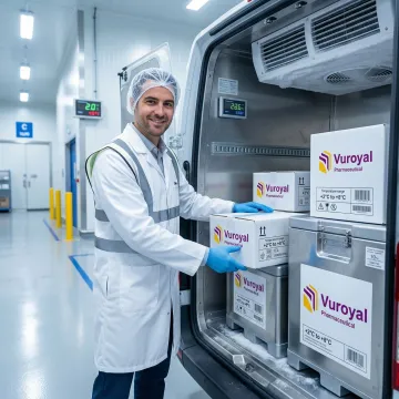 GMP-certified pharmaceutical transport — temperature-controlled packaging being loaded onto a logistics vehicle