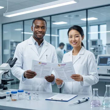 Pharmaceutical researchers reviewing clinical trial documentation in a modern laboratory setting