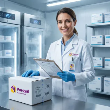 Pharmaceutical professional managing cold chain drug shipment for a clinical trial