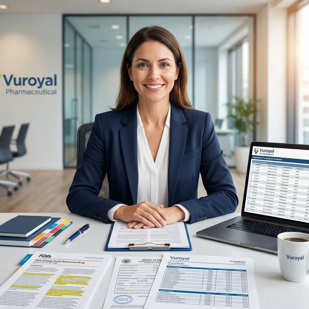 Pharmaceutical professional reviewing RLD reference drug documentation and pricing at a compliance workstation
