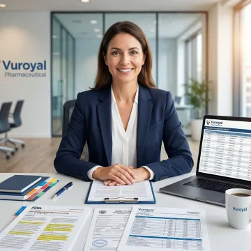 Pharmaceutical professional reviewing RLD reference drug documentation and pricing at a compliance workstation