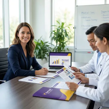 Pharmaceutical consultant reviewing referral partnership documents with healthcare professionals