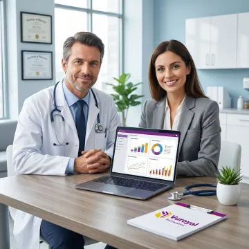 Doctor and pharmaceutical liaison coordinating a patient referral on a digital platform