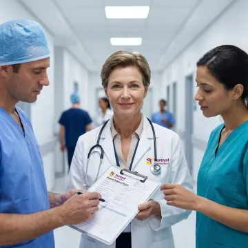 Healthcare professional reviewing a patient referral document with a hospital team