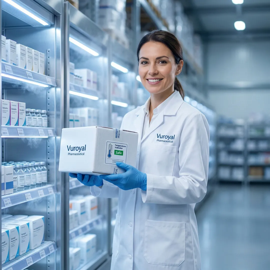 Pharmaceutical specialist inspecting cold chain packaging in a temperature-controlled warehouse