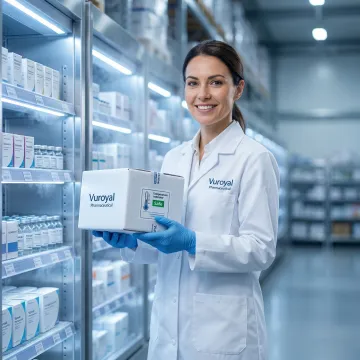 Pharmaceutical specialist inspecting cold chain packaging in a temperature-controlled warehouse