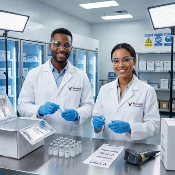 Pharmaceutical logistics team managing specialty drug packaging and cold chain delivery for a named patient program