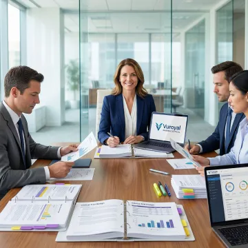 Clinical trial consultant reviewing strategic planning documents with a research team