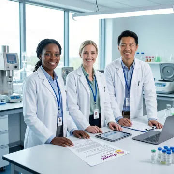 Pharmaceutical research team reviewing clinical trial documents in a modern lab setting