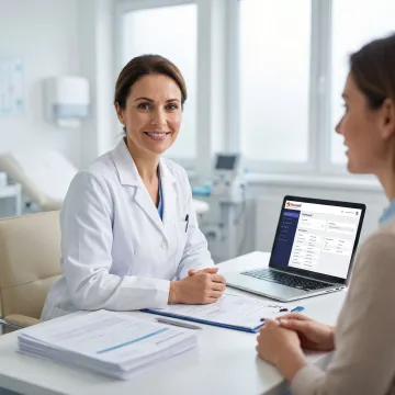 Healthcare professional guiding a patient through pharmaceutical support and referral options