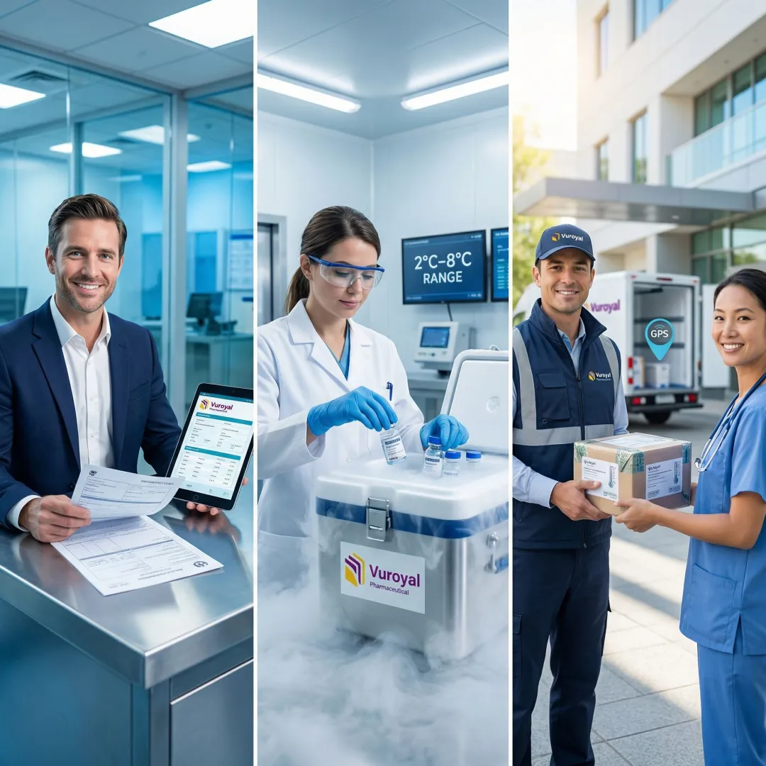 Pharmaceutical cold chain logistics process with temperature monitoring and documentation