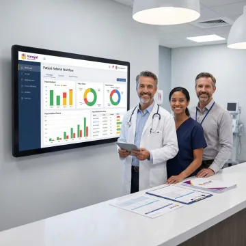 Healthcare professionals reviewing patient referral management workflows on a digital dashboard