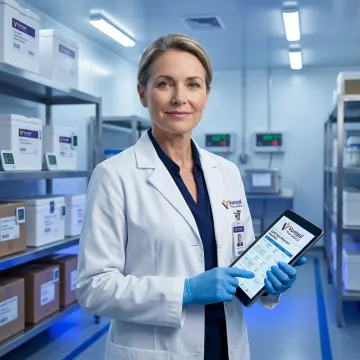 FDA-compliant pharmaceutical logistics professional managing cold chain drug shipment