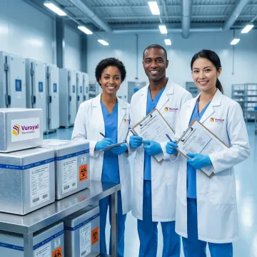 Pharma logistics team reviewing regulatory compliance documents alongside cold chain pharmaceutical shipments