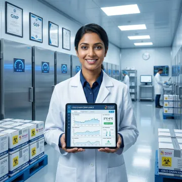 Pharmaceutical logistics specialist handling cold chain biotech shipment in a compliance-certified warehouse