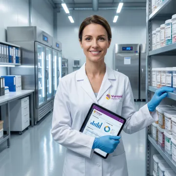 Pharmaceutical supply chain specialist managing inventory in a compliant warehouse facility