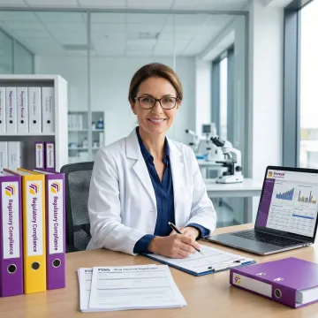 Pharmaceutical compliance specialist reviewing FDA drug approval registration documents