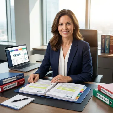 FDA compliance consultant reviewing pharmaceutical regulatory documents in a professional office setting