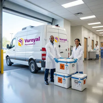 Temperature-controlled pharmaceutical logistics van unloading cold chain medical shipment at a US hospital loading dock